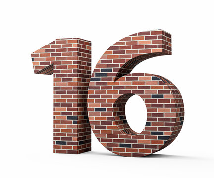 Bricks Wall Number Sixteen 16 Digit Made Of Colored Wall Of Bricks White Background 3D Illustration