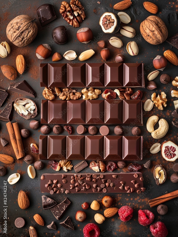 Poster A bar of chocolate is surrounded by a variety of nuts and chocolate pieces, creating a rich and appetizing display. Generative AI