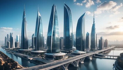 A futuristic city with sleek skycrapers and technology 