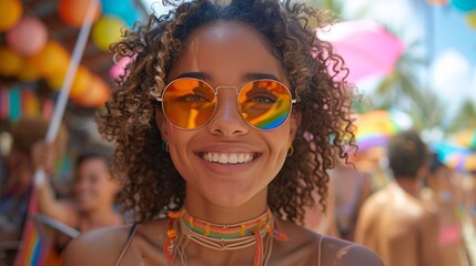 Teens in bright clothes, waving rainbow flags and smiling, captured in a Pride Month celebration