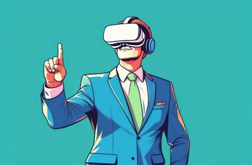 Wearing a blue suit, a man with virtual reality glasses points upward, isolated on a green background. The scene emphasizes the integration of advanced technology in a corporate setting.