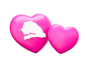 Shiny Pink Hearts With White Map Of Senegal Isolated On White Background 3d Illustration