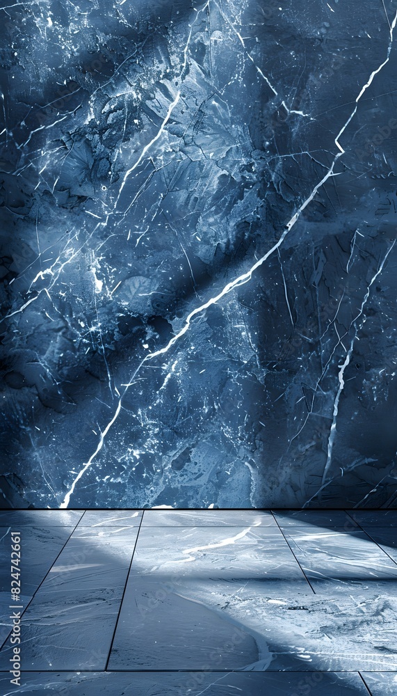 Poster abstract blue marble with white crack background with shadows and rays. empty space for product disp