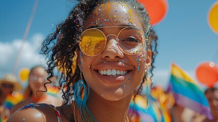 Ultra-realistic group of teens with colorful flags and happy expressions, celebrating Pride Month at sunset