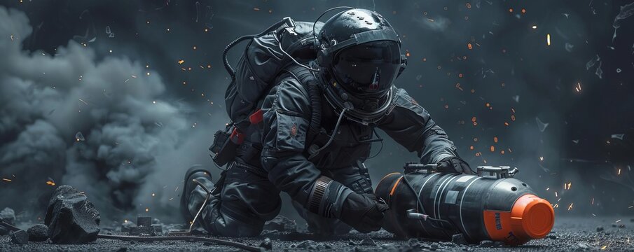 Bomb disposal suitclad professional defusing a complex device, surrounded by tense silence