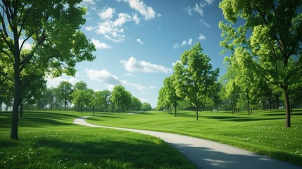 Fototapeta premium curving pathway in a park, vibrant green grass on either side.