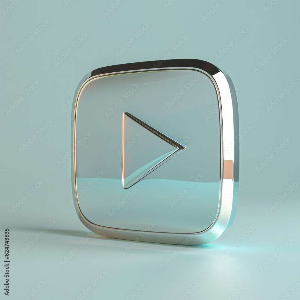 Poster 3d icon of a play button with a chrome finish on pastel silver background a sleek chrome play button