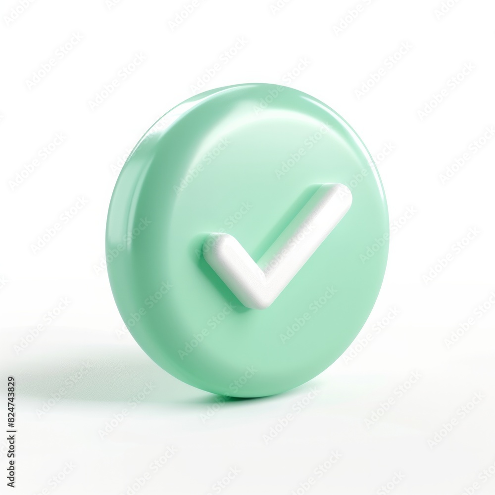 Poster 3d icon of circle shape with a tick mark on it in green pastel color with white backgroun, ai genera