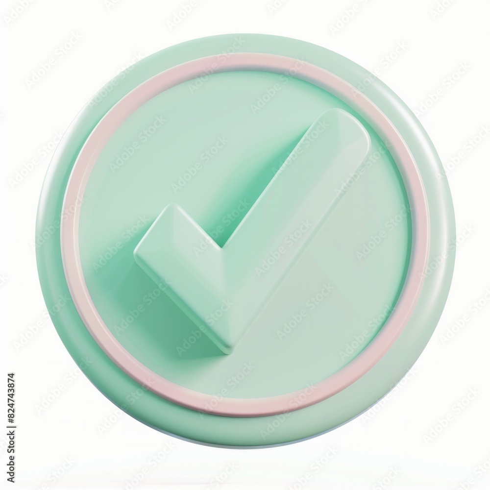 Poster 3d icon of circle shape with a tick mark on it in green pastel color with white backgroun, ai genera