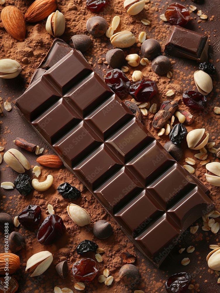 Aufkleber A gourmet chocolate bar surrounded by a variety of nuts and dried cherries, creating a visually appetizing display. Generative AI