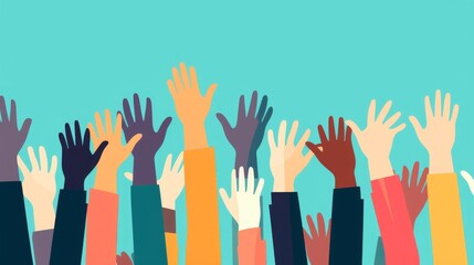 Many hands of different people in unity raise hands up. Celebration, meeting, commonwealth. Vector stock flat illustration.