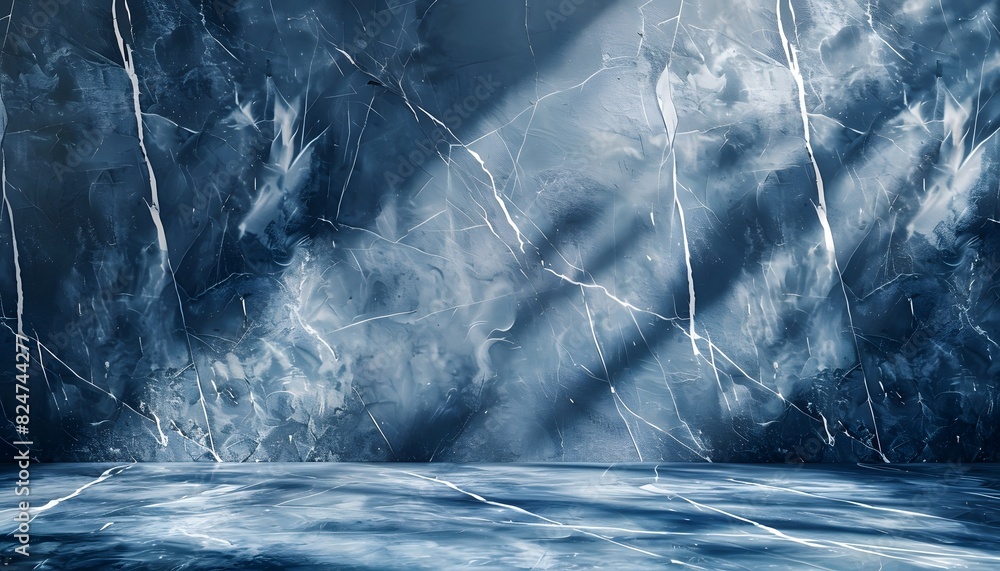 Poster abstract blue marble with white crack background with shadows and rays. empty space for product disp