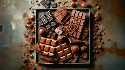 pieces of a chocolate bar scattered among chocolate chips, on a rustic metal background.