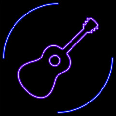 guitar neon sign, modern glowing banner design, colorful modern design trend on black background. Vector illustration.