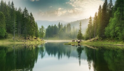 A peaceful forest with a serene lake and wildlife 