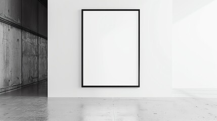 Empty black frame placed on a white wall in minimalistic modern interior design, ready for artwork display or customization.