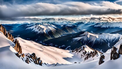 photorealistic image of a breathtaking panoramic view from the summit of a snow-covered mountain, Generative AI