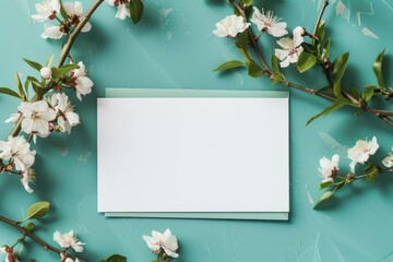 Top view of a blank card surrounded by white spring blossoms on a turquoise background