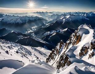 photorealistic image of a breathtaking panoramic view from the summit of a snow-covered mountain, Generative AI