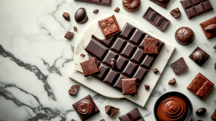  pieces of dark chocolate scattered elegantly on a marble table.