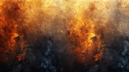 A grunge background template with yellow, orange, brown, and black tones, textured with grainy noise and spray effects. Generative AI.
