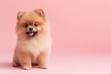 Obraz premium Cute pomeranian puppy sits poised against a soft pink backdrop, looking directly at the camera with its tongue playfully peeping out, perfect for pet-related content and greeting cards
