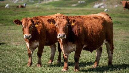 Brown Cows Standing with Beautiful Green Grass Background