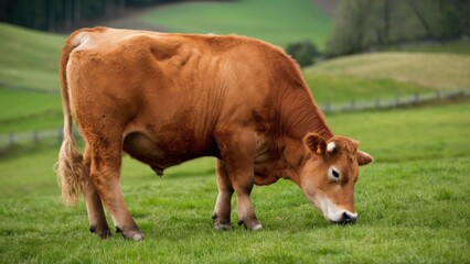 Brown Cows Standing with Beautiful Green Grass Background