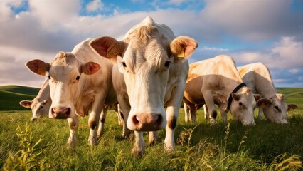 White Cows Standing with Beautiful Green Grass Background