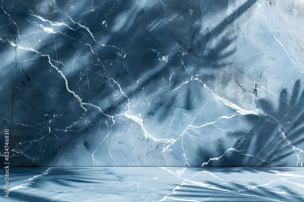 Poster abstract blue marble with white crack background with shadows and rays. empty space for product disp