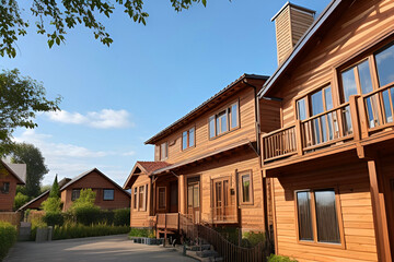 Naklejka premium Brown and Beige Wooden House Under Blue Sky. Ai Generated 
