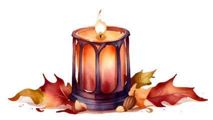 Watercolor trendy cozy autumn illustration: woolen sweaters, candle in glass, pumpkins, autumn leaves, dry flowers, hydrangea. Hand drawn Hygge watercolor illustration for sticker,