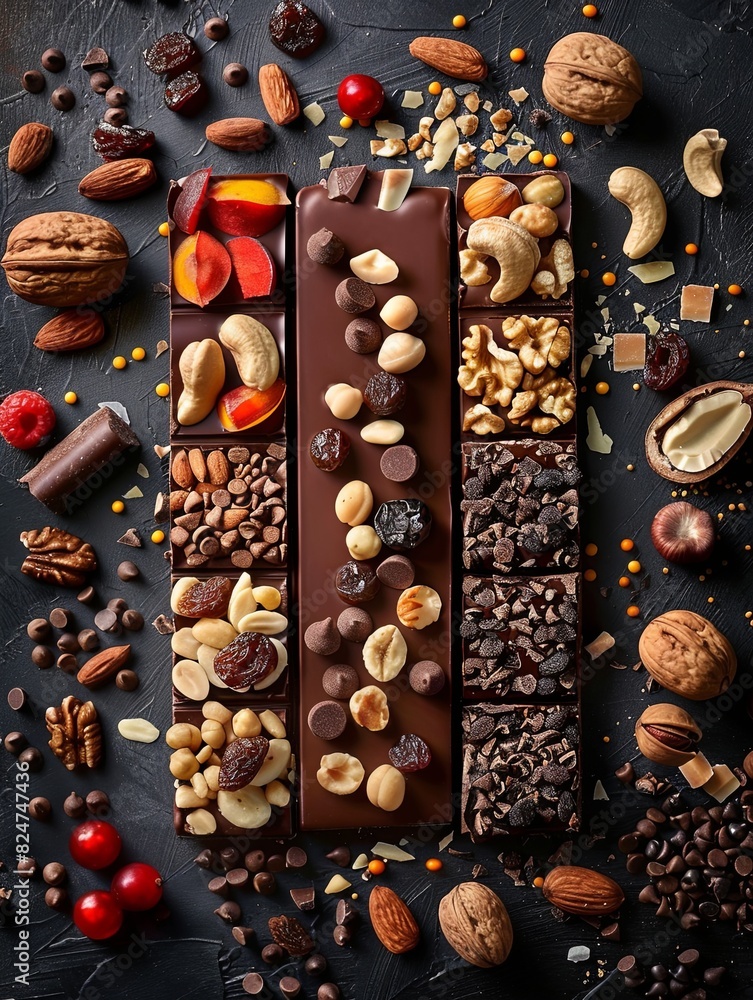 Poster A chocolate bar covered in nuts and additional chocolate, creating a rich and indulgent treat. Generative AI