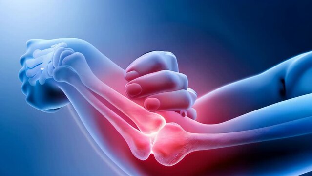 A person's arm is wrapped in a bandage, and the bones are shown in red. Concept of pain and discomfort, as the person's arm is likely injured or in need of medical attention