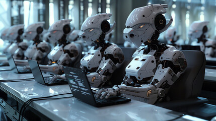 A group of robots are sitting at a table with laptops. The robots are all white and have blue eyes. Scene is futuristic and technological