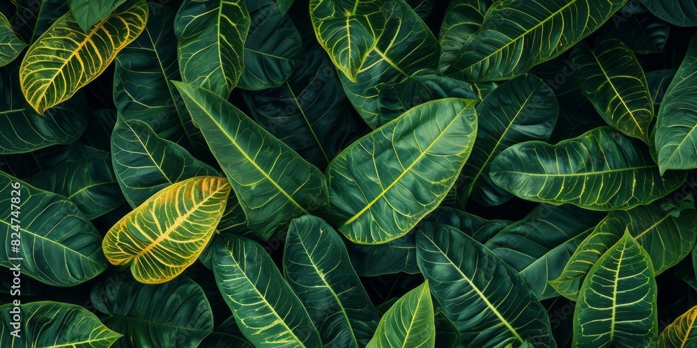 Wall mural Tropical jungle green leaves background, horizontal Top down view