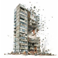 A rupture in a high-rise Soviet house from a missile hit, isolated on the white background