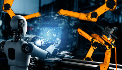 MLB Mechanized industry robot and robotic arms for assembly in factory production. Concept of...