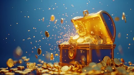 Funding Spark A dramatic 3D icon depicting a treasure chest overflowing with gold coins exploding outward, with a shimmering gold arrow ascending, representing an influx of startup, AI Generative