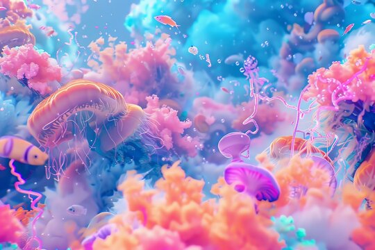 Craft a dynamic wallpaper with a colorful, imaginative future theme, featuring pastel tones and 3D visuals, selective focus, vibrant, composite, underwater backdrop