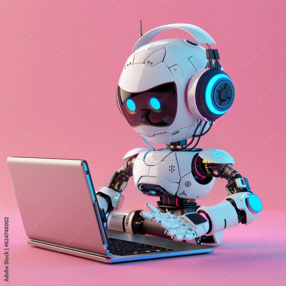 Aufkleber gamer bot robot a gaming robot with a headset, intensely playing games on a laptop, ai generative