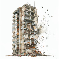 A rupture in a high-rise Soviet house from a missile hit, isolated on the white background