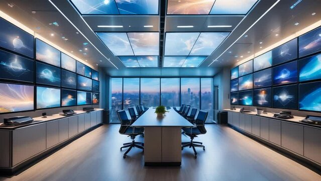 Futuristic control room equipped with advanced technology and multiple monitors, featuring a stunning panoramic view of mountains through large windows. 