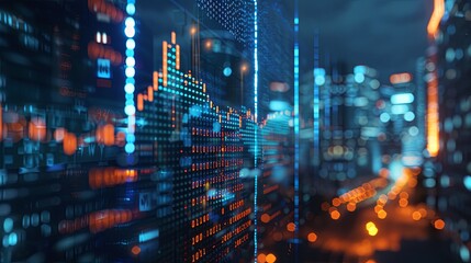 stock market data on digital screen, blue and orange color theme, city background