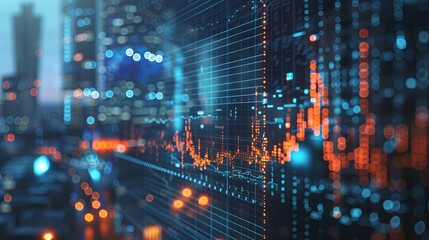 stock market data on digital screen, blue and orange color theme, city background