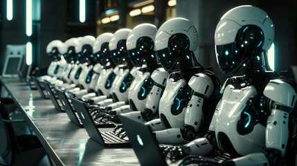 A group of robots are sitting at a table with laptops. The robots are all white and have blue eyes. Scene is futuristic and technological