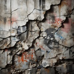 An old concrete wall with graffiti marks, cracks and black mold stains.