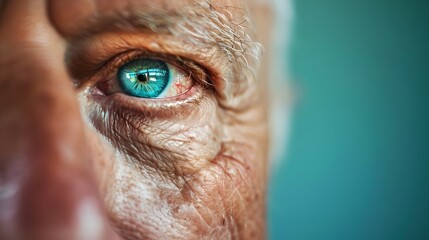 Close-up of elderly man's blue eye. The image focuses on facial details and wrinkles. Perfect for medical or aging-related concepts. AI