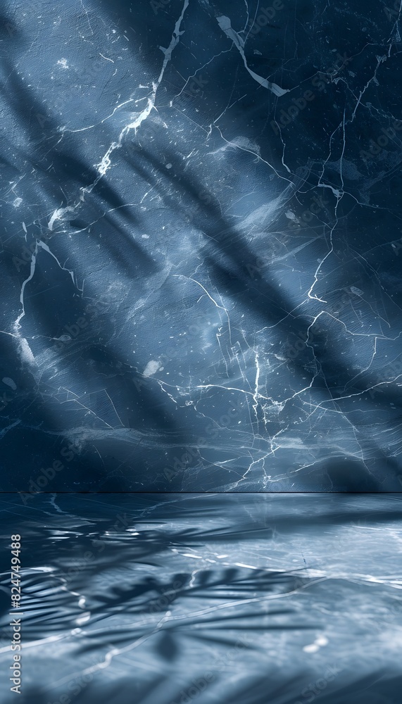 Poster abstract blue marble with white crack background with shadows and rays. empty space for product disp