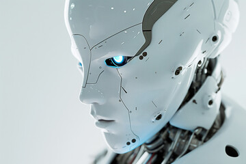 Close-up image of a humanoid robot featuring intricate details and piercing blue eyes that highlight the blend of advanced technology and artificial intelligence in a sleek design